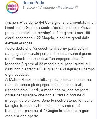 Il post di Roma Pride contro Matteo Renzi.