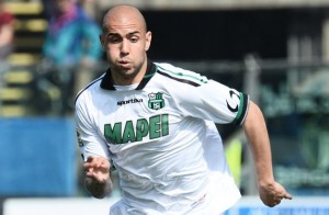 Zaza in azione con la maglia del Sassuolo. Per lui 10 reti nella scorsa stagione