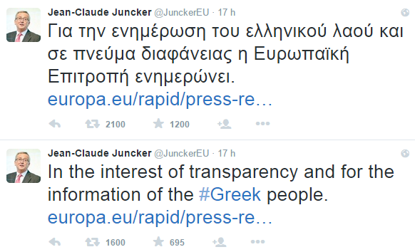 crisi greca , due tweet scritti in inglese e in greco