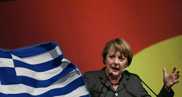 merkel tra la bandiera della grecia e la bandiera della germania