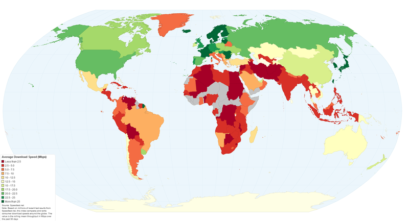 velocità di internet, mappa del mondo con colori diversi in base alla velocità