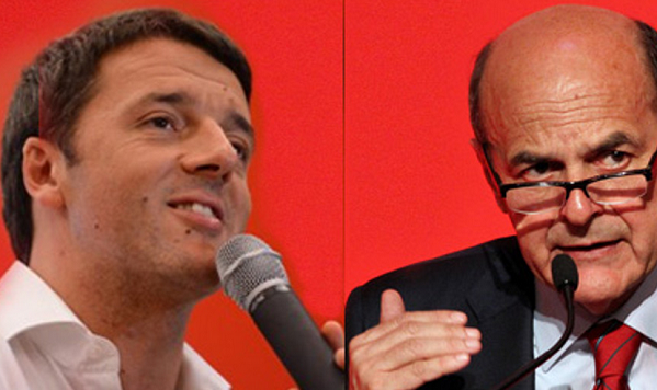 su sfondo rosso a sinistra renzi e a sinistra bersani