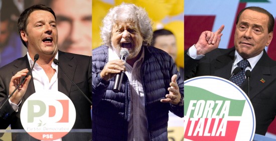 Sondaggio Lorien, Grillo, Renzi, Berlusconi. immagini dei tre leader