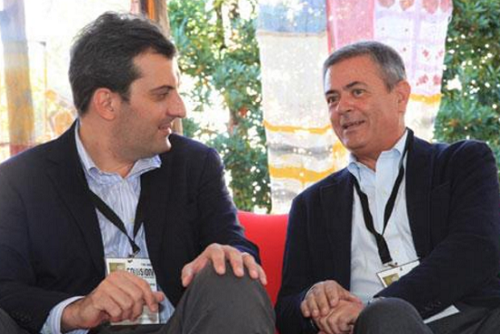 Direttore Repubblica, Ezio Mauro, Mario Calabresi, foto di Ezio Mauro e Mauro Calabresi durante un dibattito
