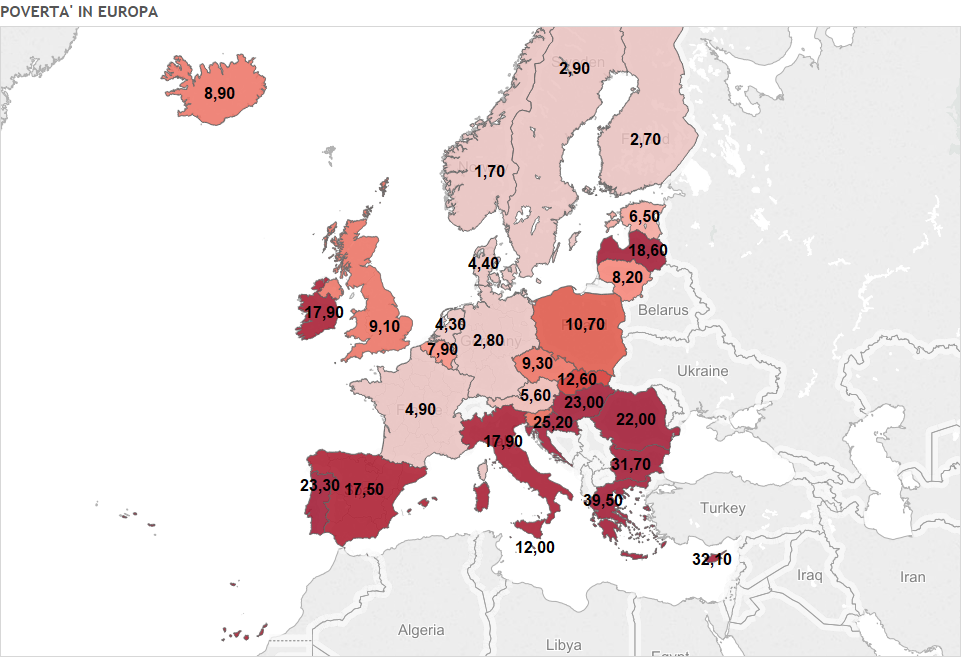 povertà in Europa, mappa dell'Europa con percentuali