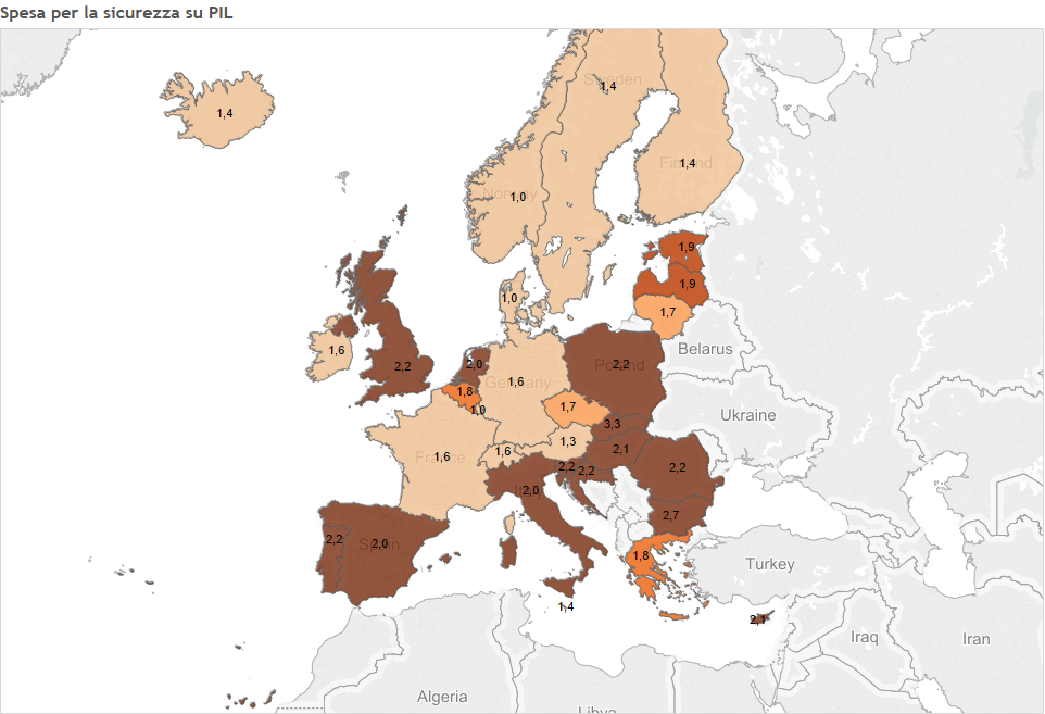 Attentati ISIS mapa dell'Europa con spesa su PIL della sicurezza