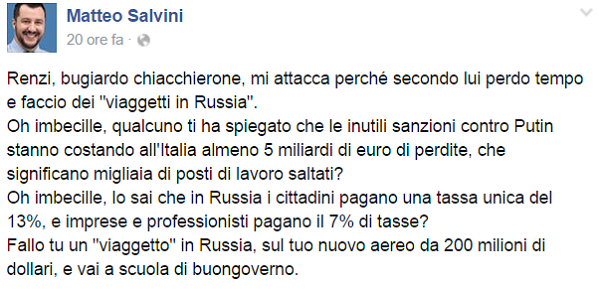 Salvini attacca Renzi, Putin, Russia, Le Pen, post su Facebook del segretario della Lega control il premier Renzi