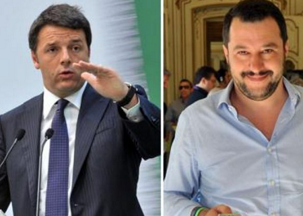 Matteo Renzi, Matteo Salvini, fotomontaggio con a sinistra la foto del premier renzi in giacca e cravatta e affianco il segretario della lega salvini con camicia celeste