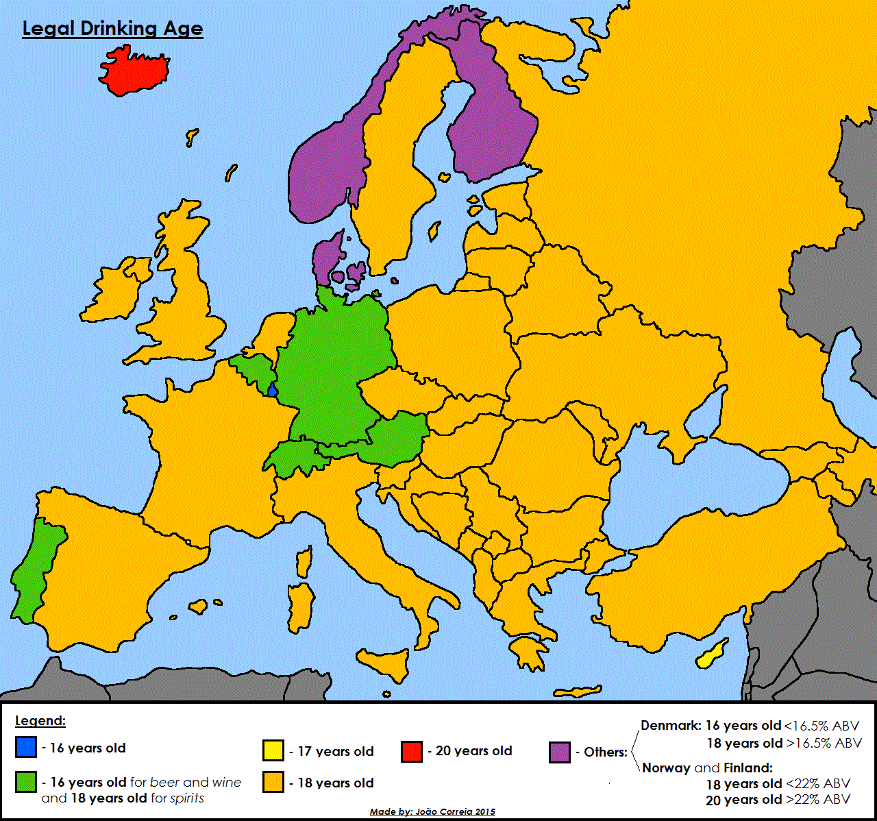 Età minima per bere, mappa dell'Europa