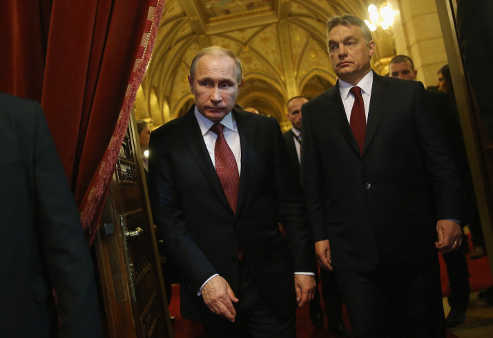 BUDAPEST, HUNGARY - FEBRUARY 17:  Russian President Vladimir Putin (C) and Hungarian Prime Minister Viktor Orban (R) arrive to speak to the media following lengthy talks at Parliament on February 17, 2015 in Budapest, Hungary. Putin is in Budapest on a one-day visit, his first visit to an EU-member country since he attended ceremonies marking the 70th anniversary of the D-Day invasions in France in June, 2014.  (Photo by Sean Gallup/Getty Images)