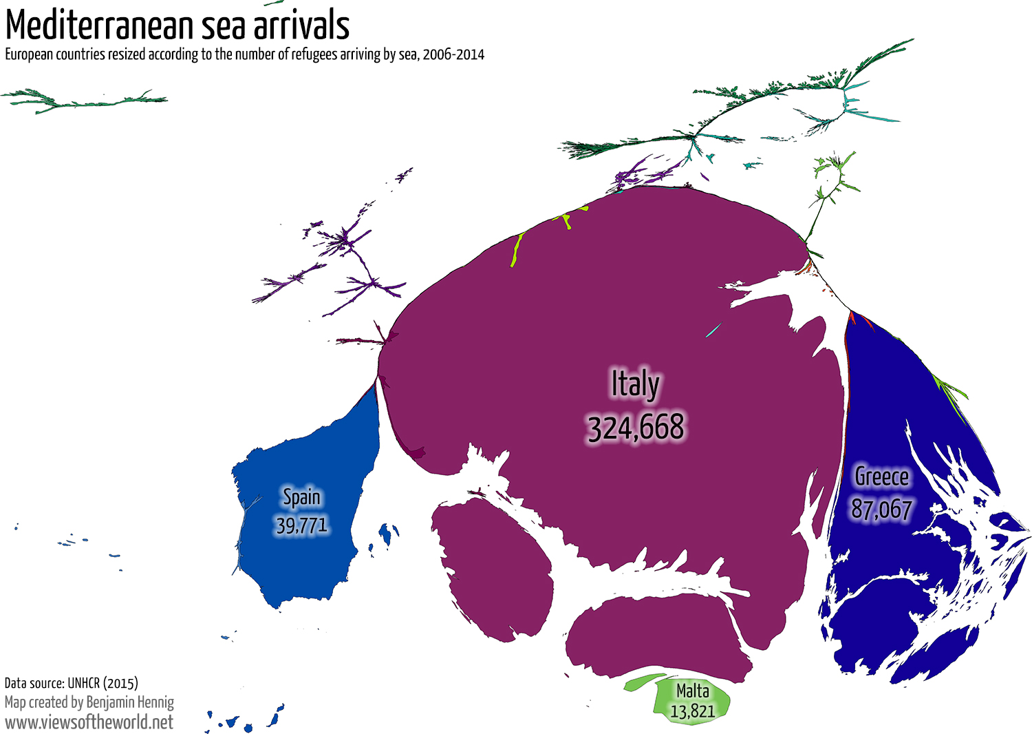 emergenza immigrazione , mappa Europa con Italia gigante