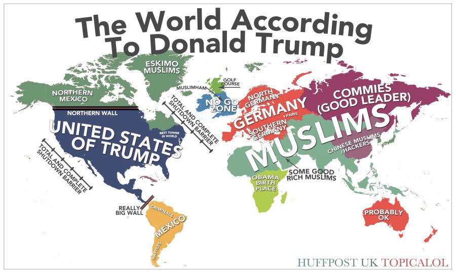 donald trump , cartina del mondo secondo Trump, continenti di colori diversi