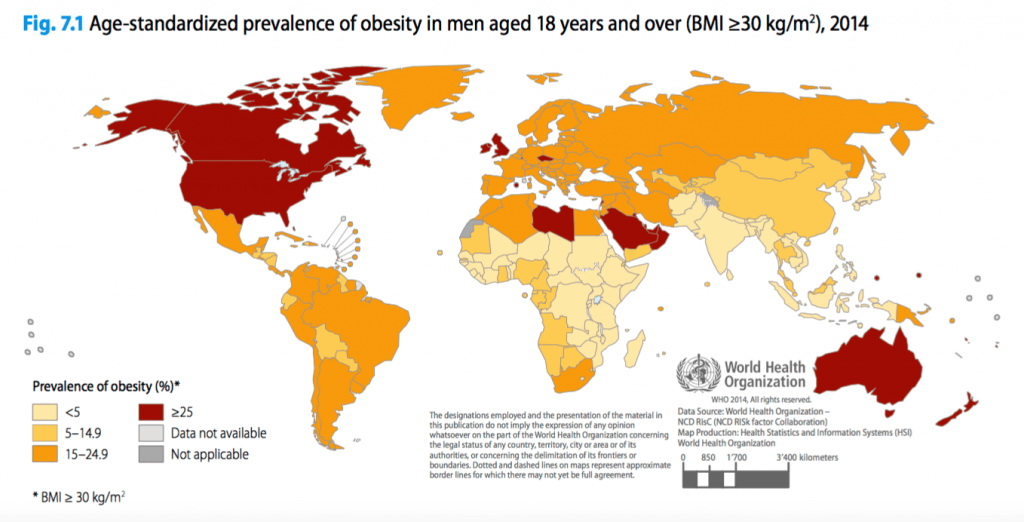 obesità nel mondo, mappa del mondo per Paesi in base all'obesitàmaschile