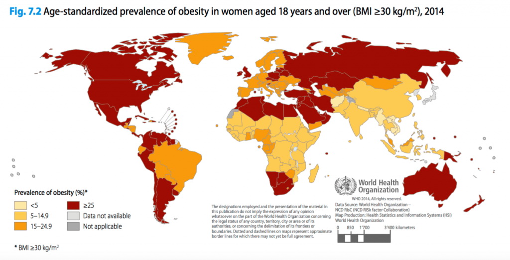 obesità nel mondo, mappa del mondo per Paesi in base all'obesità femminile