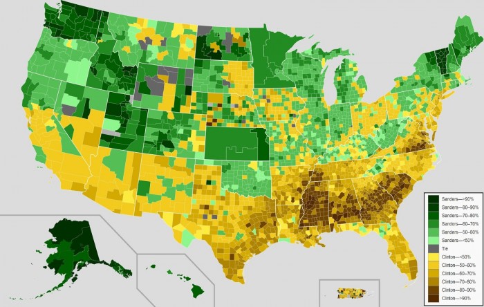 Elezioni USA 2016 Primarie democratiche mappa risultati per contea