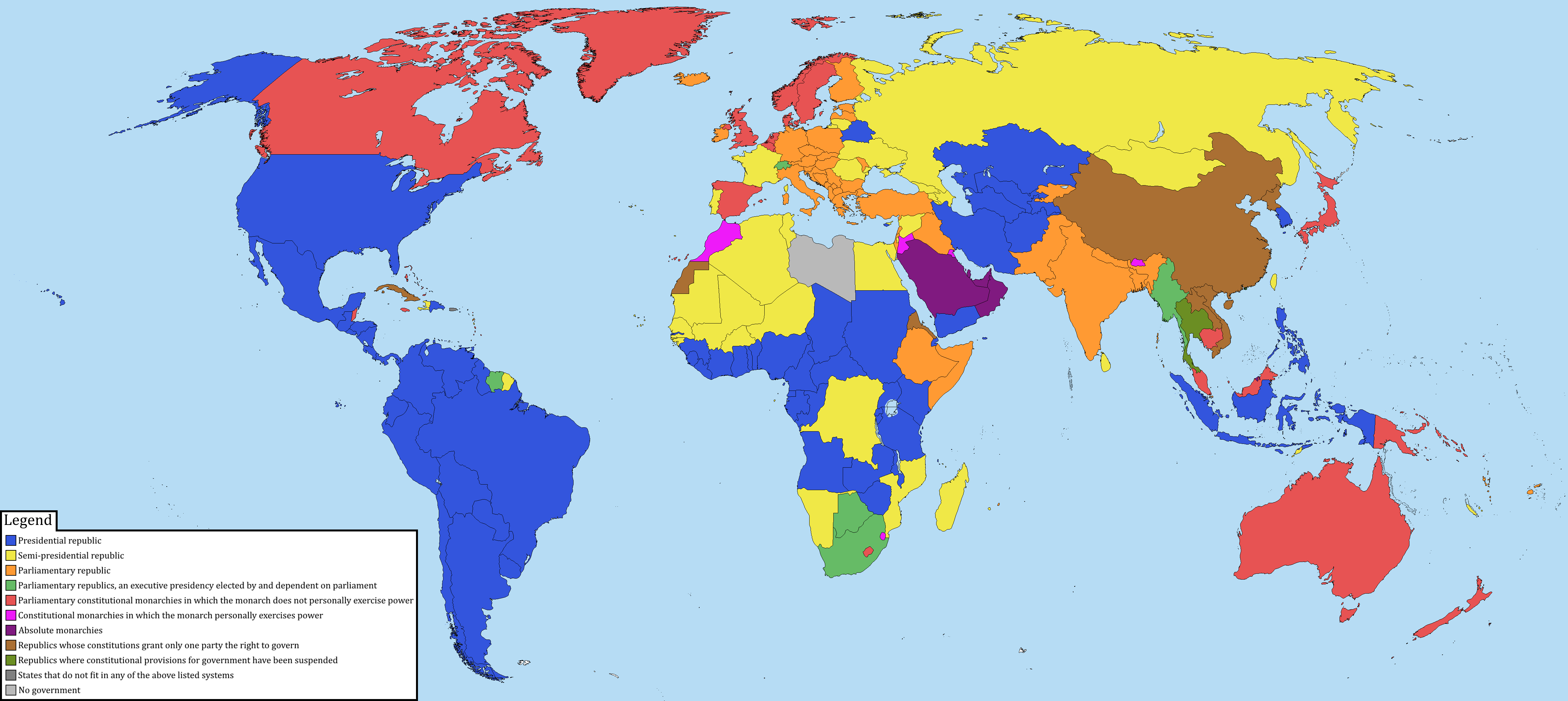 tipi di governo, mappa del mondo con diversi colori per i tipi di governo