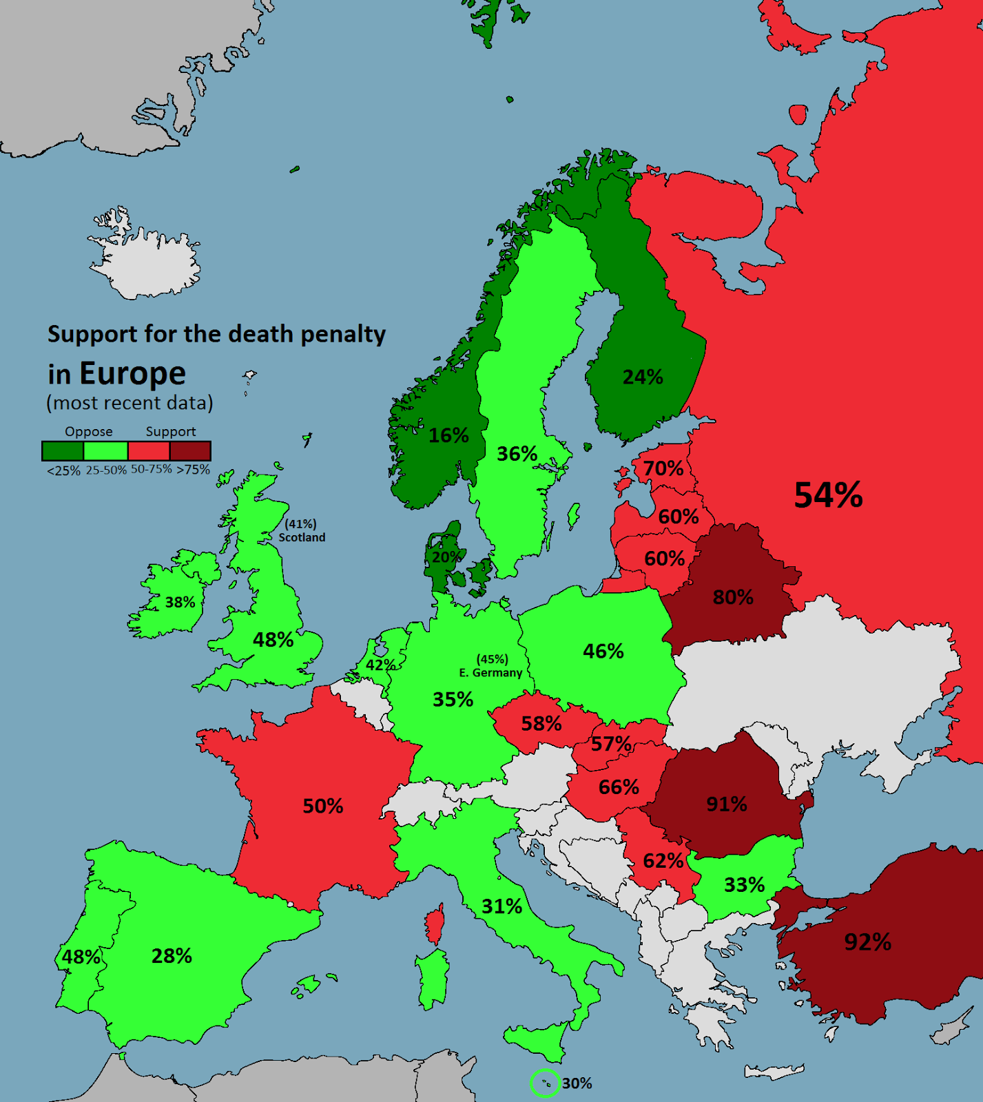 pena di morte, mappa colorata d'Europa