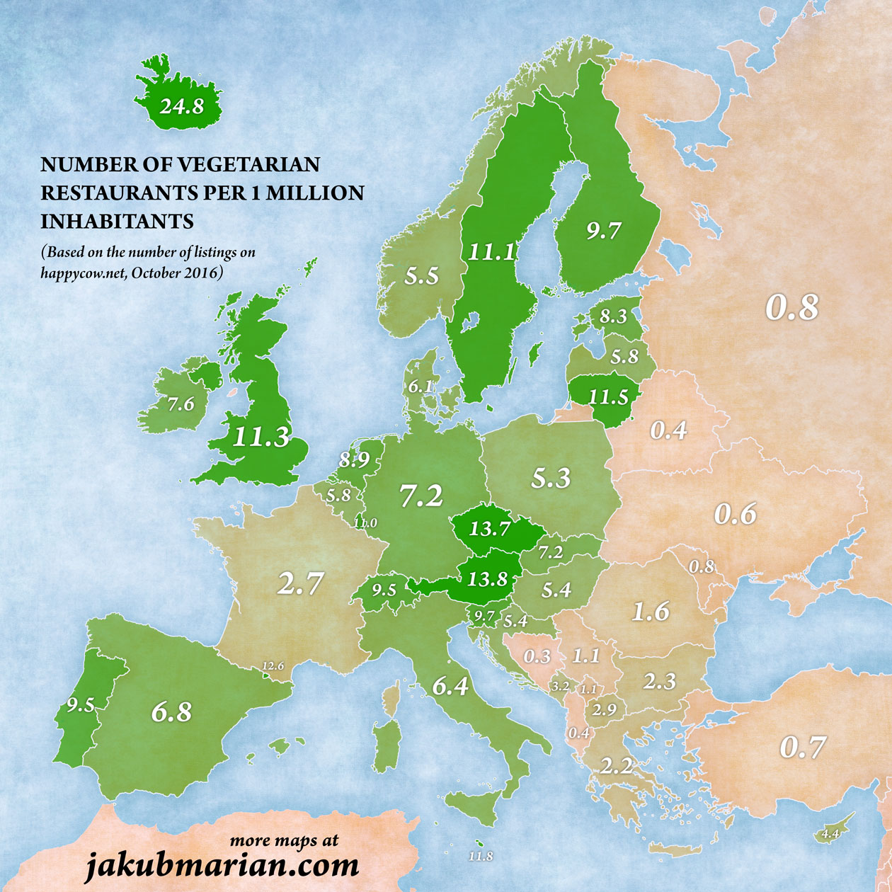 Ristoranti vegetariani, mappa dell'Europa