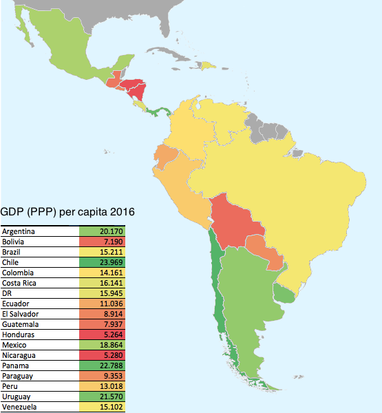 america latina, mappa con Paesi in diversi colori