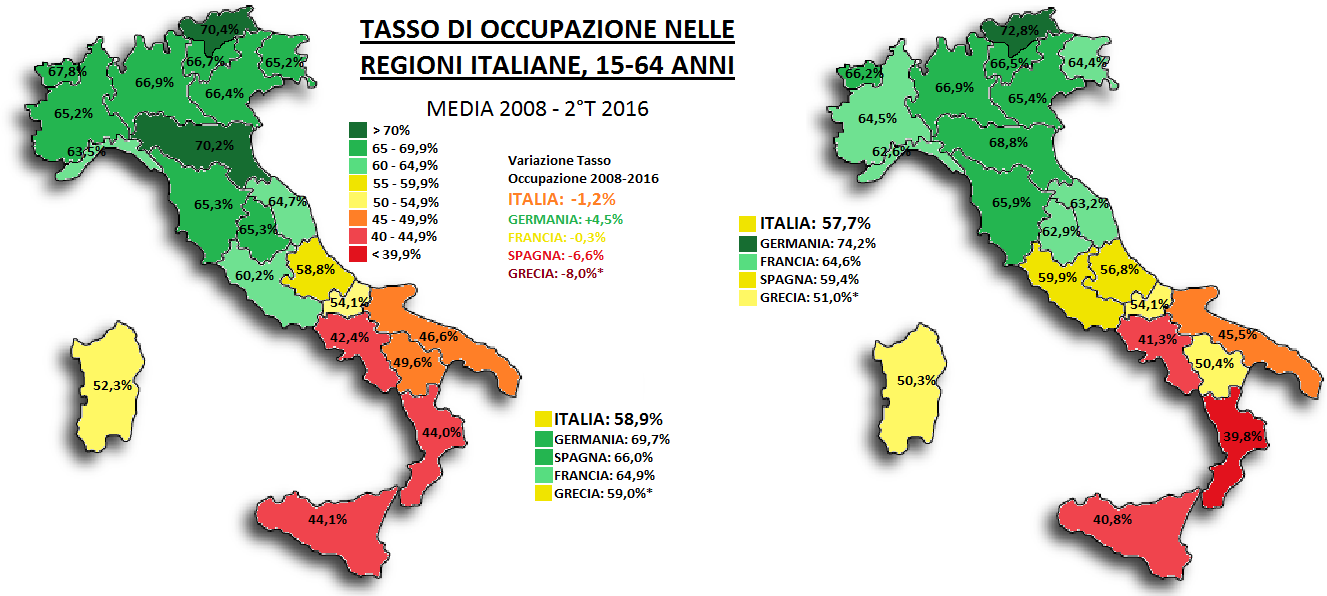 occupazione nelle regioni, mappe dell'Italia