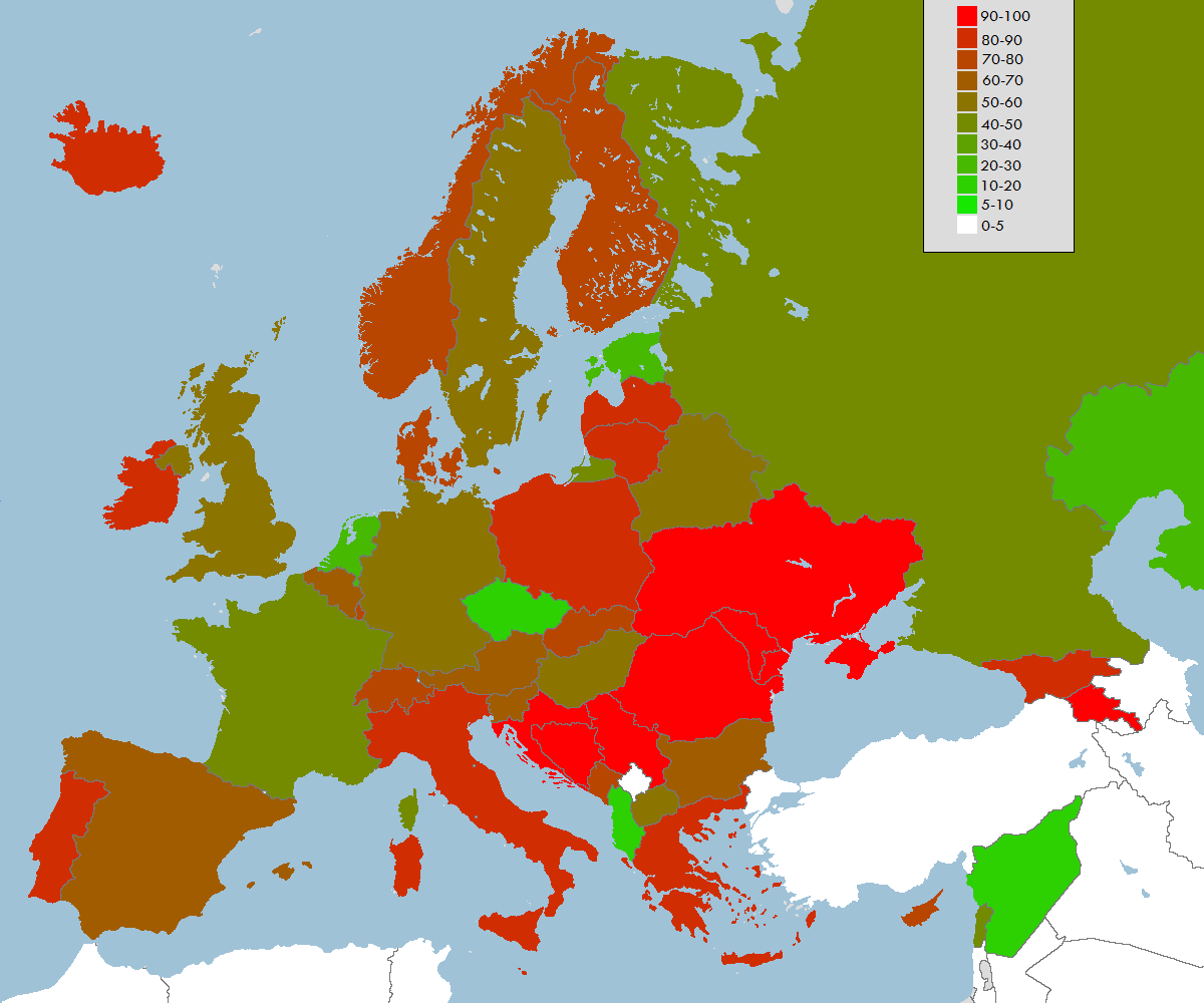 cristiani in Europa, mappa europea a colori diversi