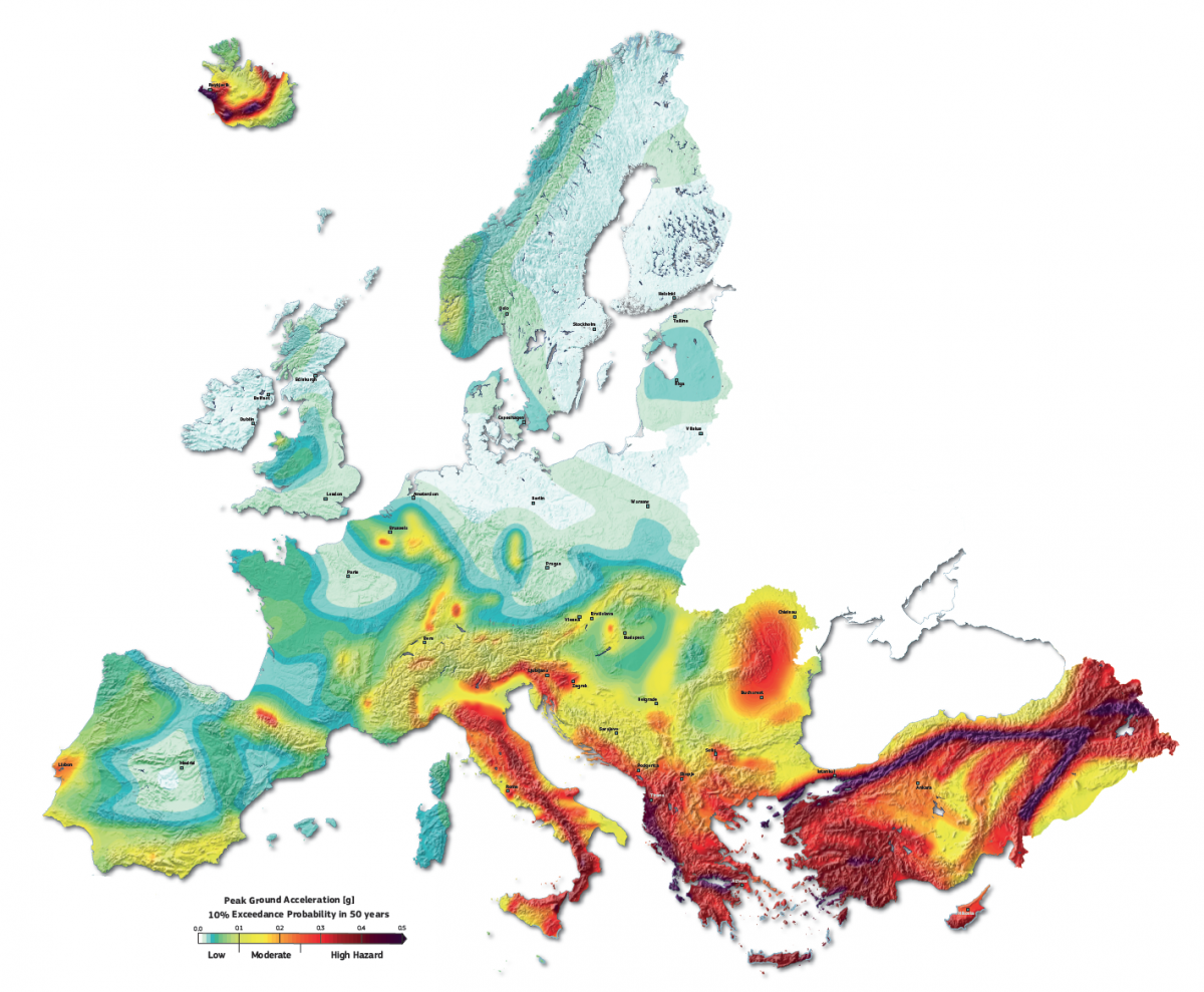 rischio terremoti, mappa d'Europa colorata per rischio sismico