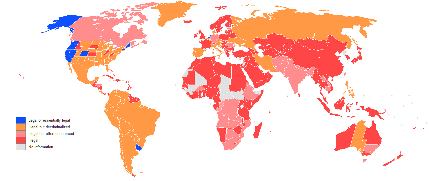 legalizzazione cannabis, mappa del mondo di diversi colori