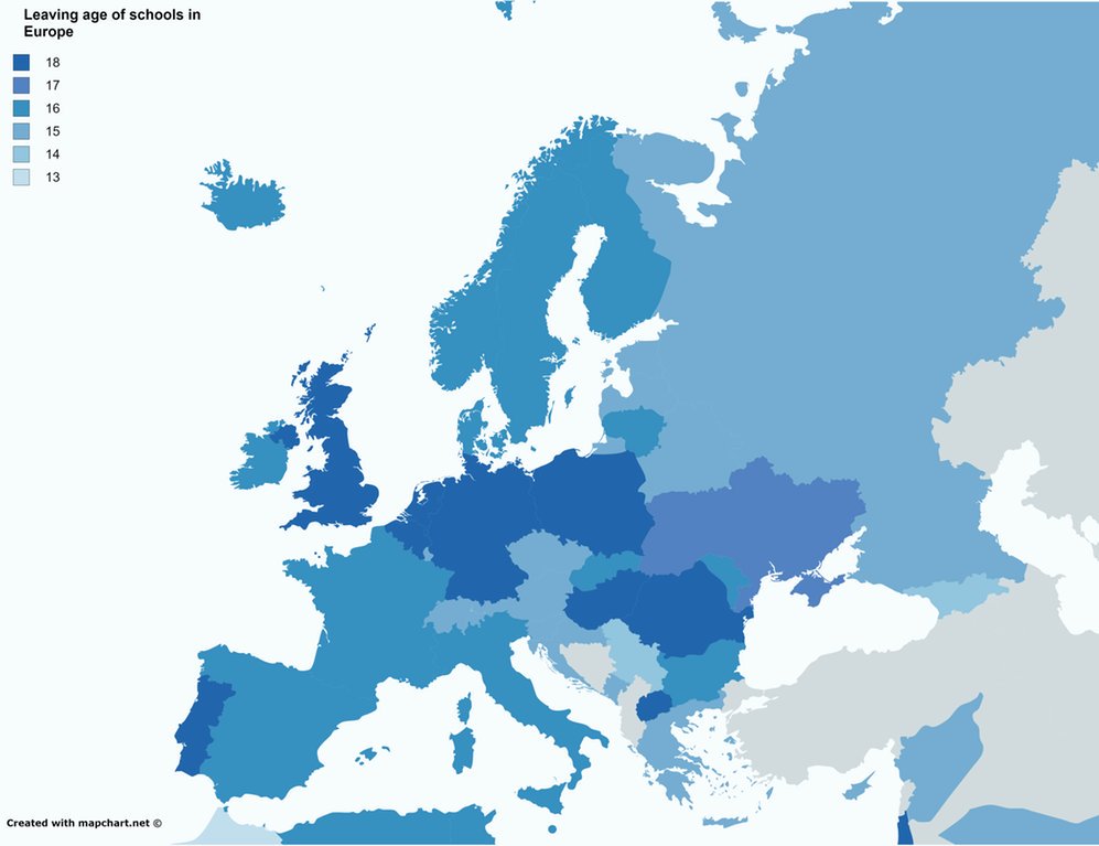 obbligo scolastico, mappa d'Europa in blu