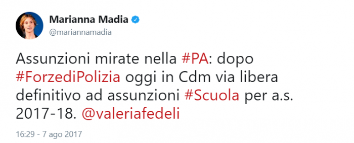 Personale Ata, assunzioni: tweet Madia