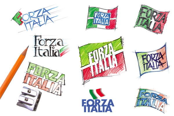 Alcuni dei bozzetti elaborati da Priori sul tema Forza Italia (al centro il disegno adottato)