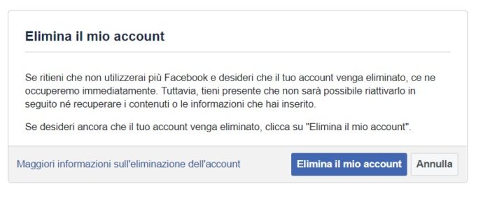 Come cancellare account Facebook: cancellazione