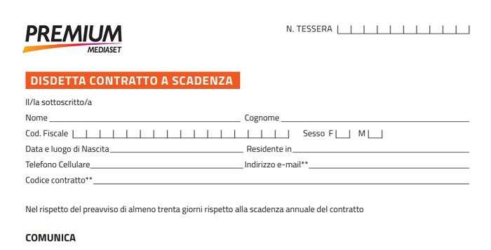 Mediaset premium: disdetta abbonamento gratuita col modulo pdf. guida Premium clienti numero