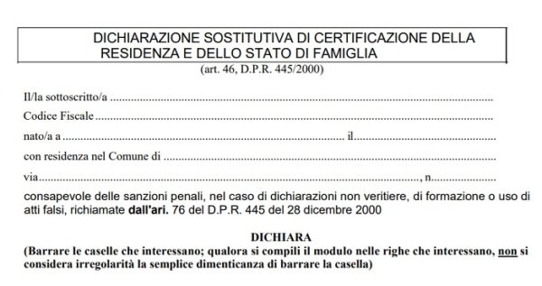 modello autocertificazione stato di famiglia