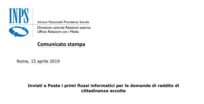 Reddito di cittadinanza: domande accolte, Inps invia flussi a Poste. La nota