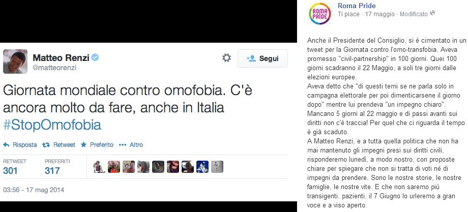 Il post di Roma Pride contro Matteo Renzi.