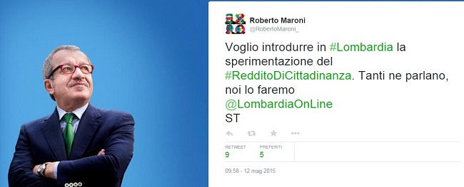 immagine tweet con presidente regione lombardia annuncia reddito cittadinanza e affianco sua foto con sfondo azzurro