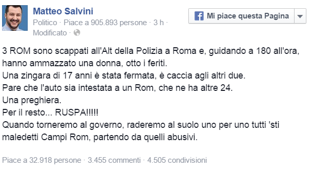 post di salvini contro i campi rom