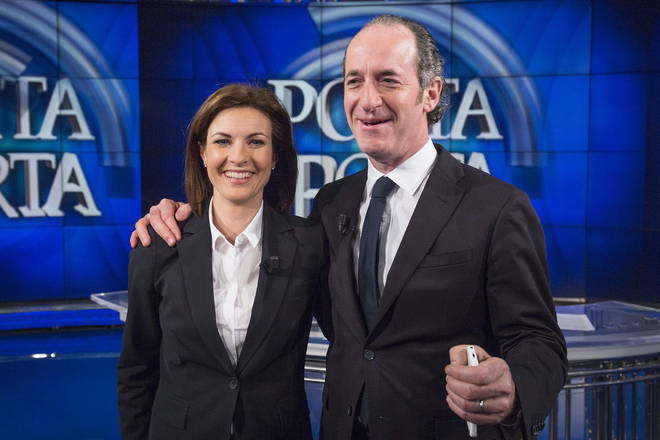 nello studio di porta a porta luca zaia e alessandra moretti candidati alle elezioni regionali in veneto