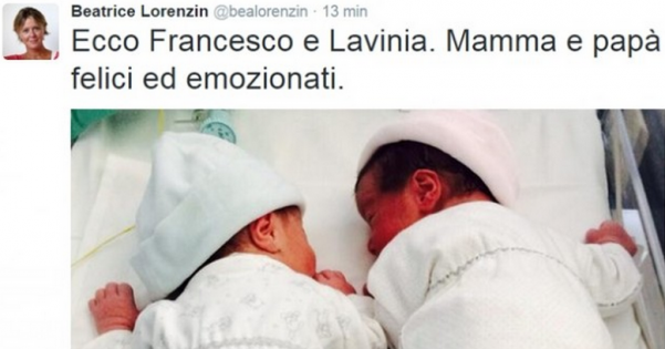immagine post twitter di beatrice lorenzin che annuncia nascita gemelli francesco e beatrice