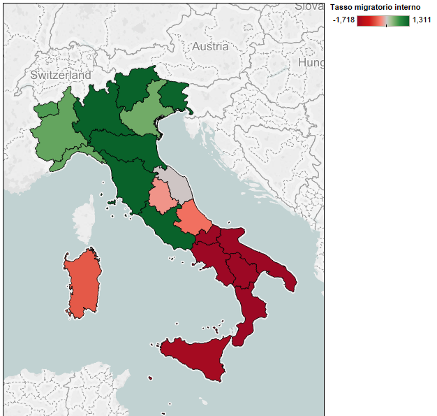 crisi demografica: mappa dellItalia colorata in rosso o verde in base ai valori dell'emigrazione interna