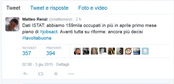 foto tweet renzi dopo comunicazione istat dati aprile 2015