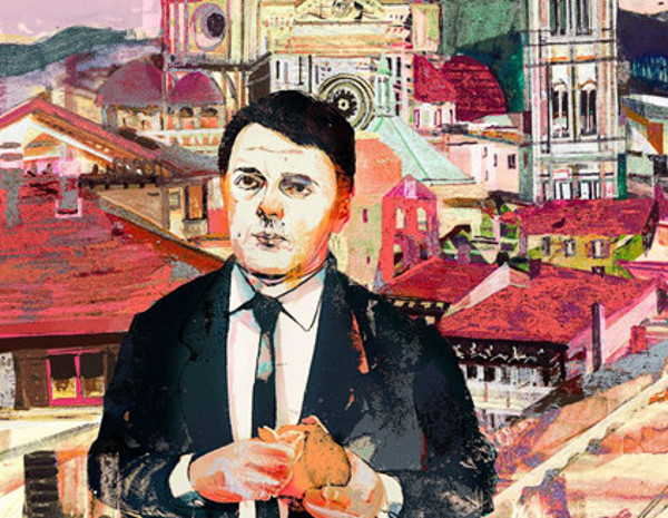 dipinto che ritrae Matteo Renzi, sullo sfondo la città di Firenze.