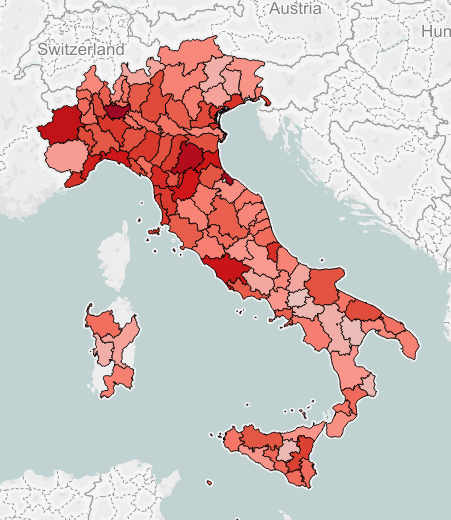 reati in Italia: mappa con le province italiane colorate in base al tasso di reati commessi
