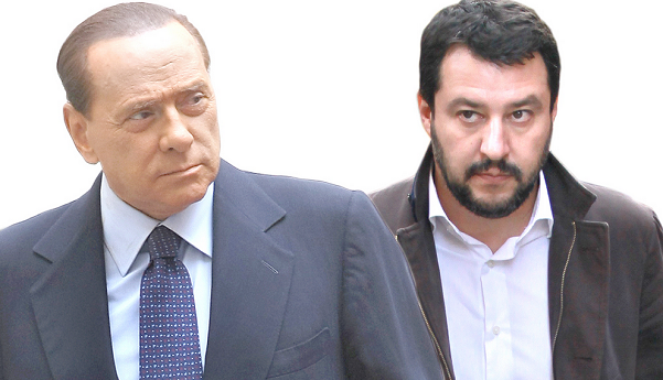 primarie centrodestra, vasto, berlusconi sulla sinistra e salvini sulla destra su sfondo bianco