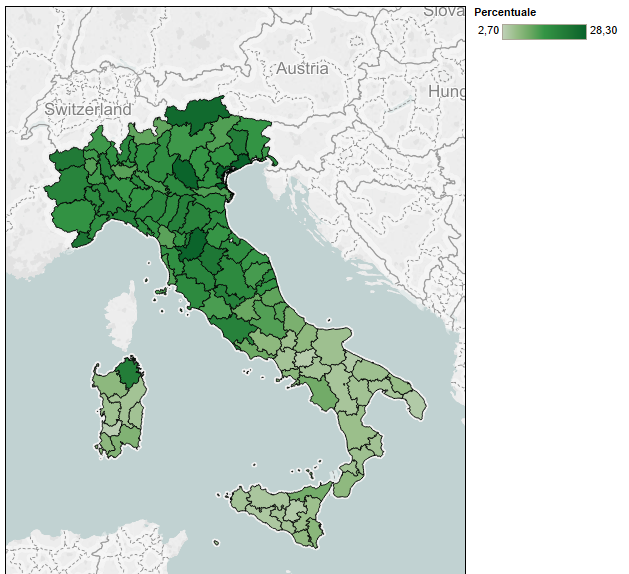 statistiche matrimoni: mappa dell'Italia con province colorate in base alla frequenza di matrimoni con stranieri