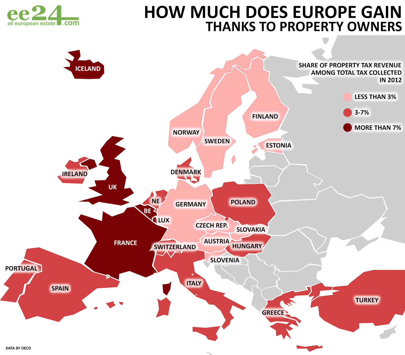 TASI sulla prima casa, cartina d'Europa con Paesi in colori diversi