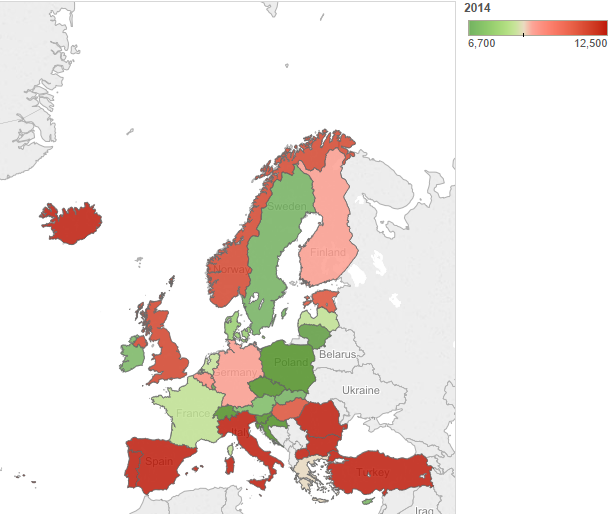 abbandono scolastico, mappa dell'Europa, colorata in base alle percentuali di abbandono scolastico