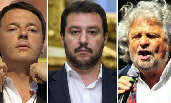 da sinistra renzi salvini al centro e a destra grillo