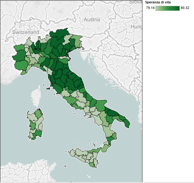 speranza di vita, mappa dell'Italia con colori diversi, in base alla speranza di vita alla nascita