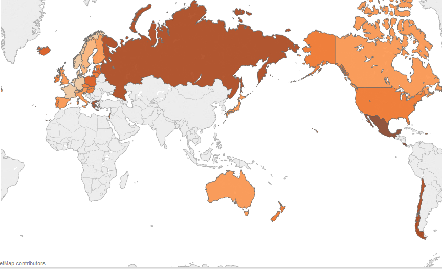 dove si lavora più ore, mappa dei Paesi analizzati, con colore di intensità crescente, per numero di ore lavorate